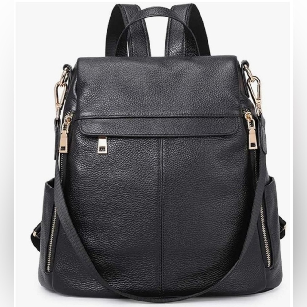 Kattee Black Leather Backpack. Inspired European design. High-end. Anti-theft.
